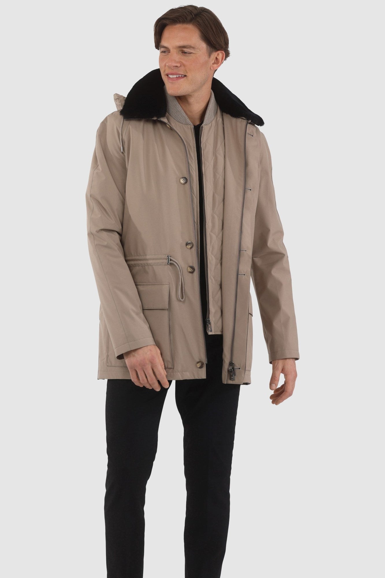 Parka With Detachable Select Shearling Lamb Collar And Detachable Vest (2 Pcs) | Men | Tan x Black