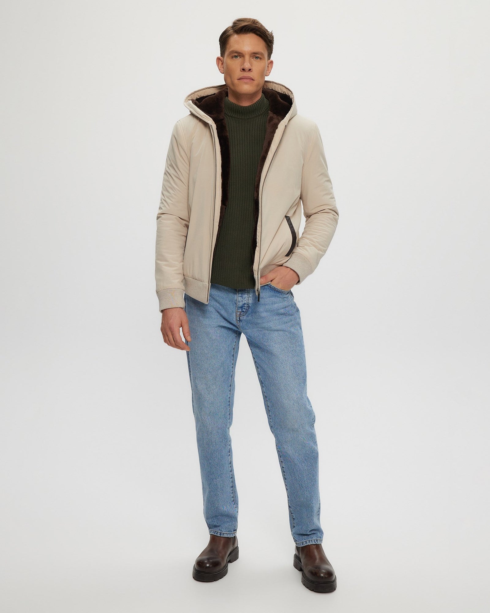 Shearling Lined Bomber Jacket | Men | Beige x Brown