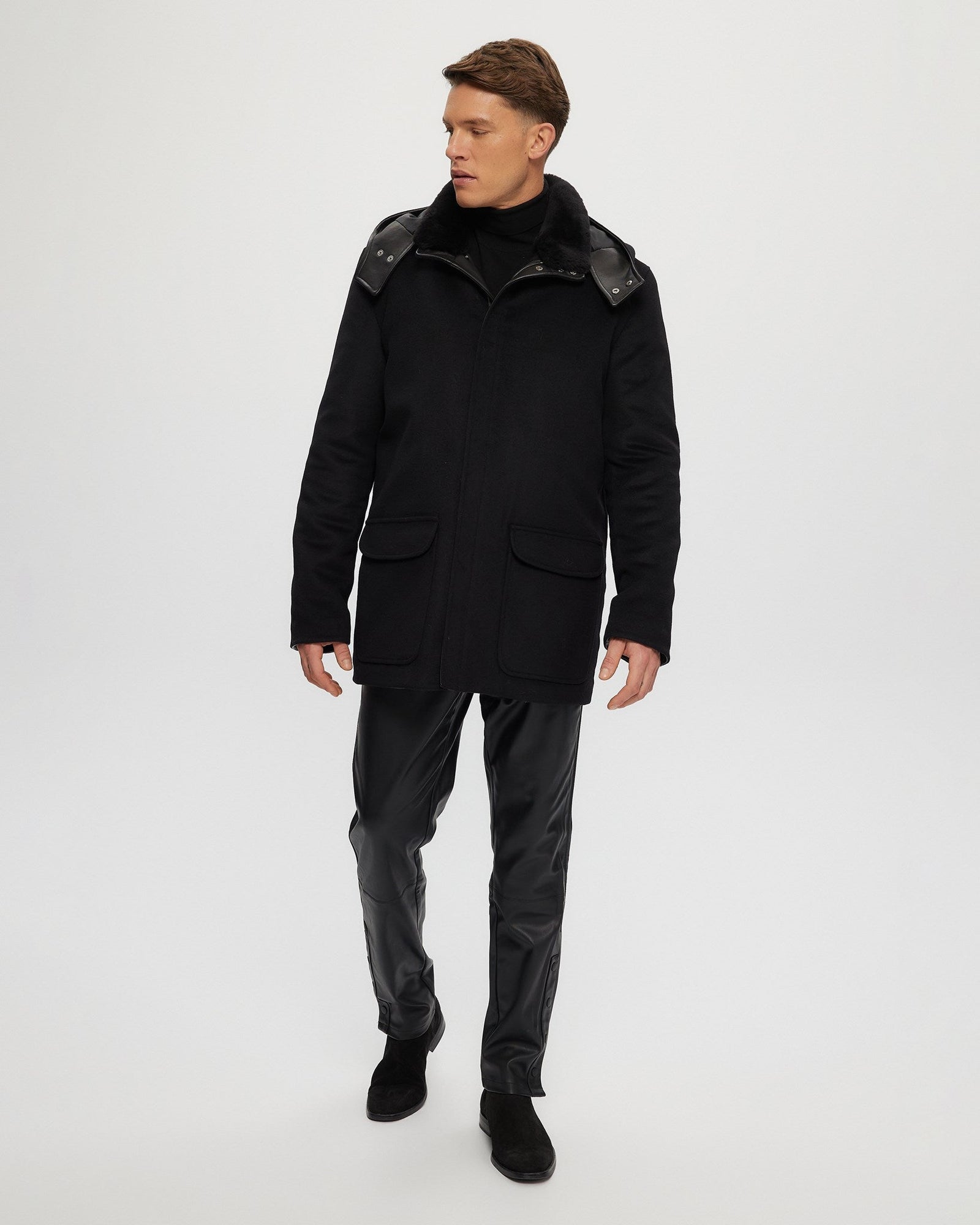 Wool Parka With Detachable Hood And Shearling Lamb Collar | Men | Black x Black