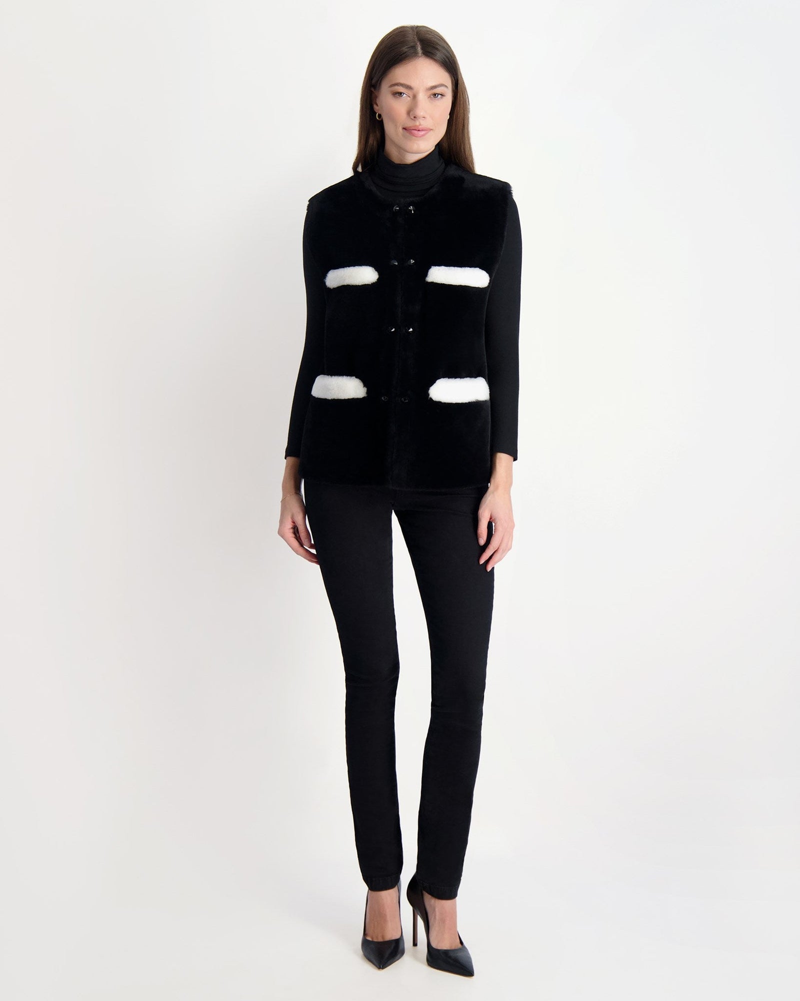 Merino Shearling Lamb Collarless Vest With Embellishment | Women | Black x White