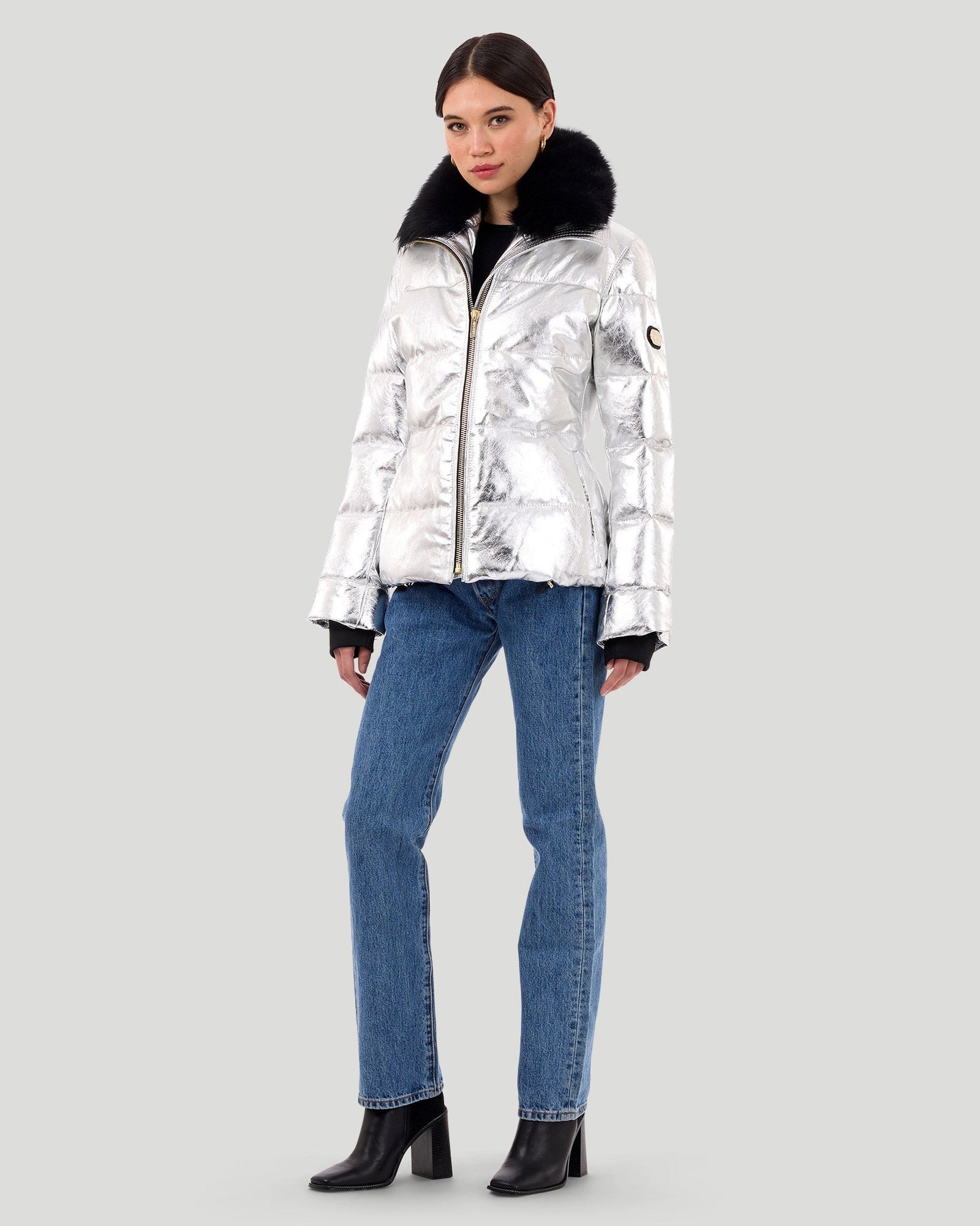 Metallic Après-Ski Jacket With Detachable Toscana Shearling Lamb Collar | Women | Silver x Black