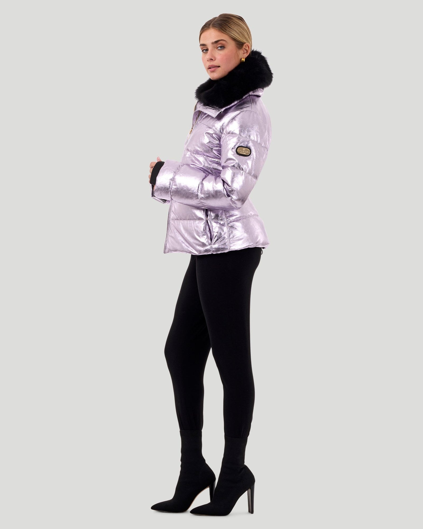 Metallic Après-Ski Jacket With Detachable Toscana Shearling Lamb Collar | Women | Lilac x Black