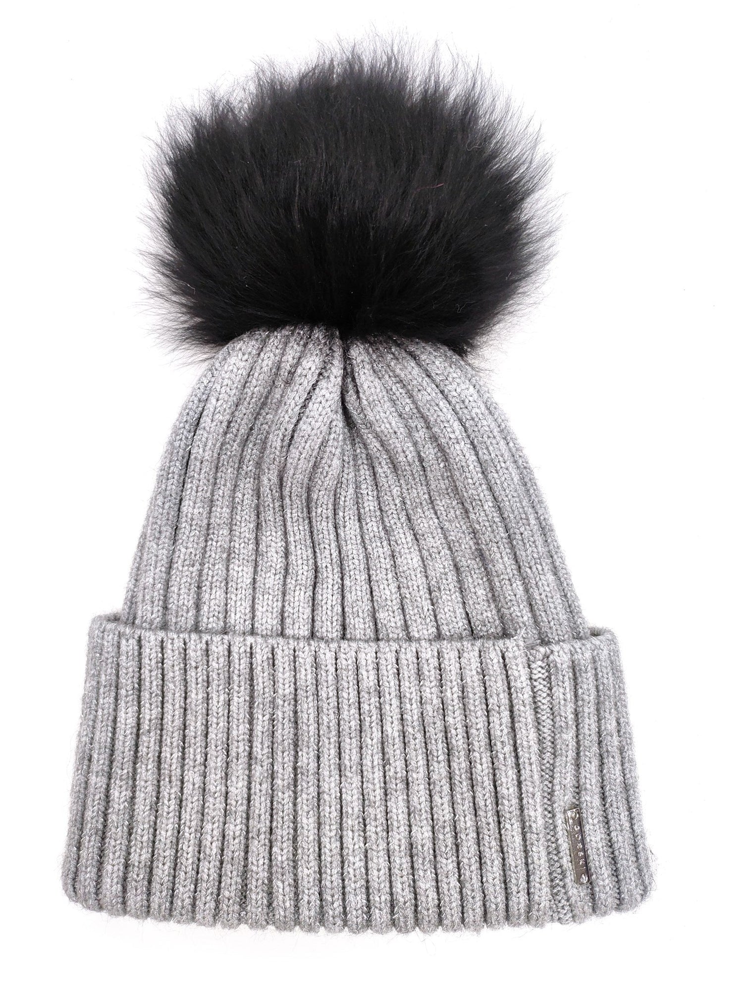 Metallic Wool Blend Knit Hat With Select Lamb Pompom | Women | Gray x Black