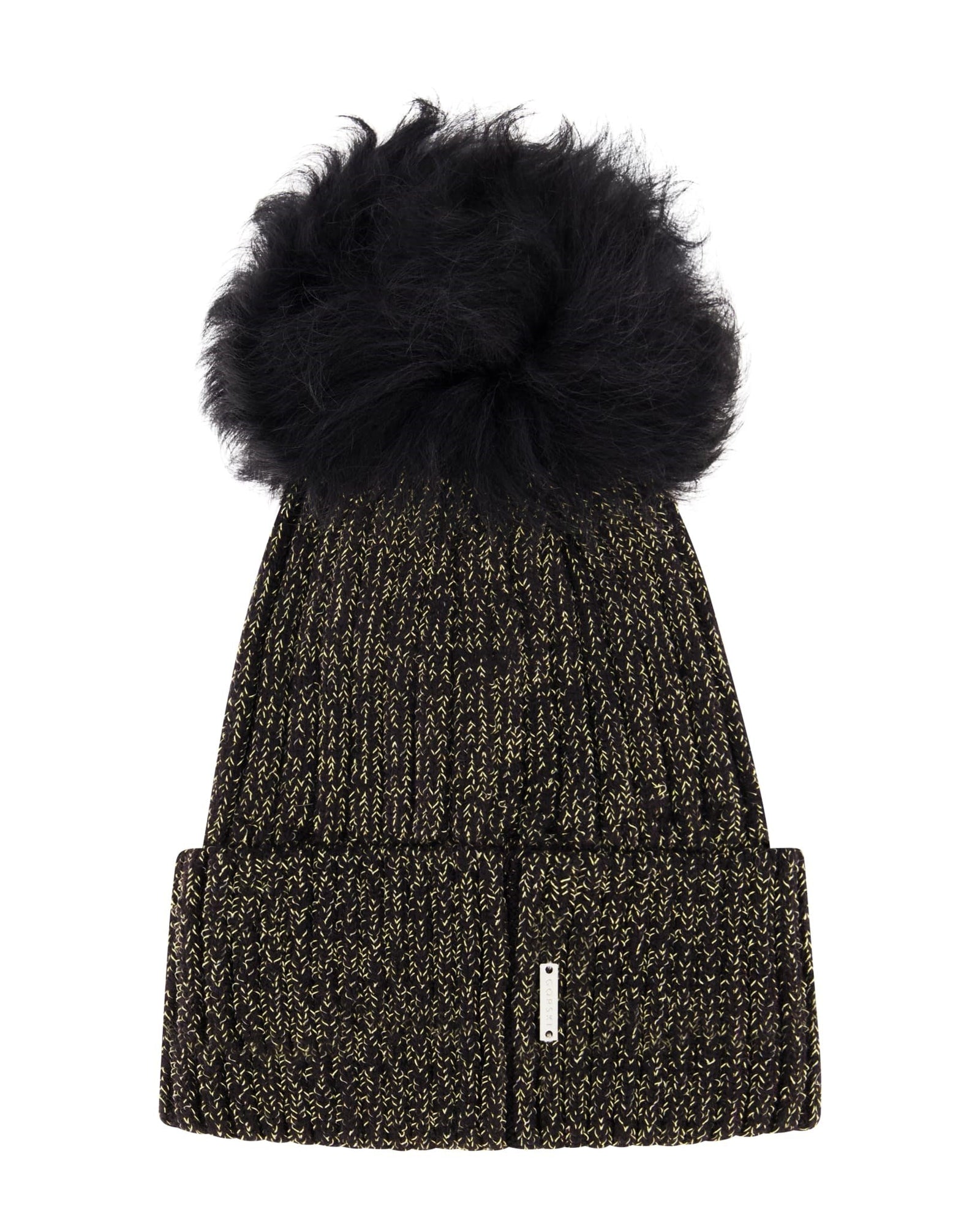 Metallic Wool Blend Knit Hat With Toscana Shearling Lamb Pompom | Women | Black x Gold x Black (V1)