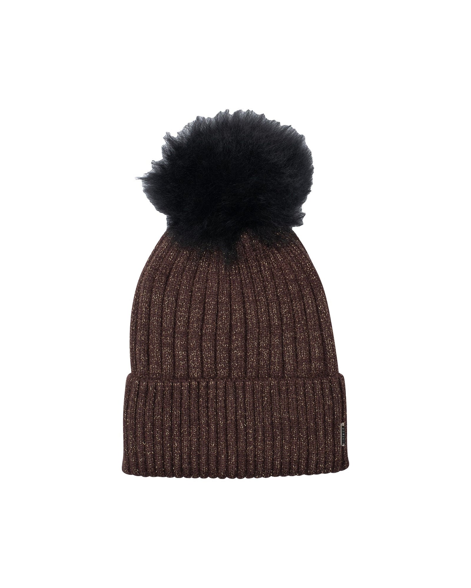 Metallic Wool Blend Knit Hat With Toscana Shearling Lamb Pompom | Women | Brown x Black