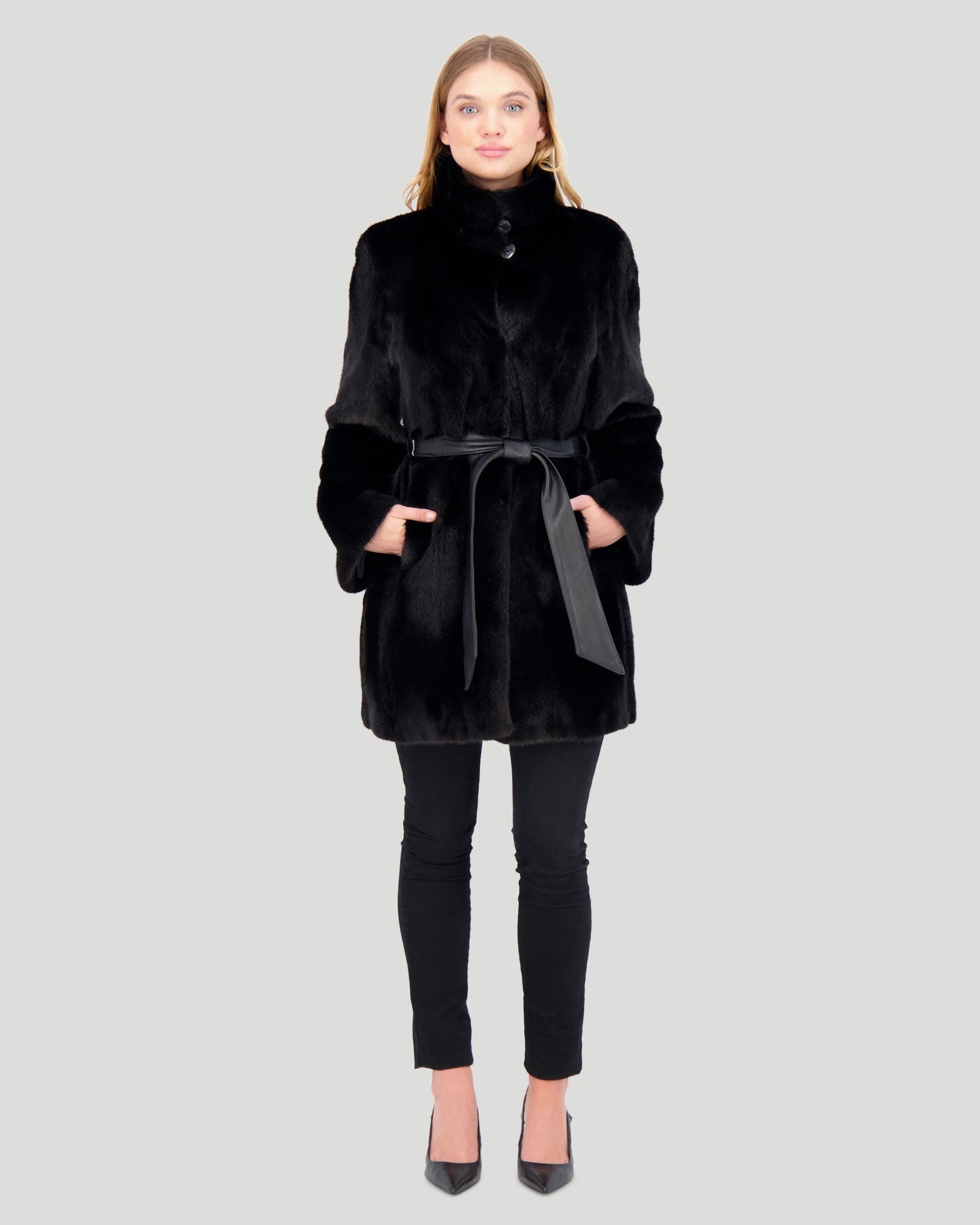 Mink Jacket With Stand Up Collar And Leather Belt | Women | Black