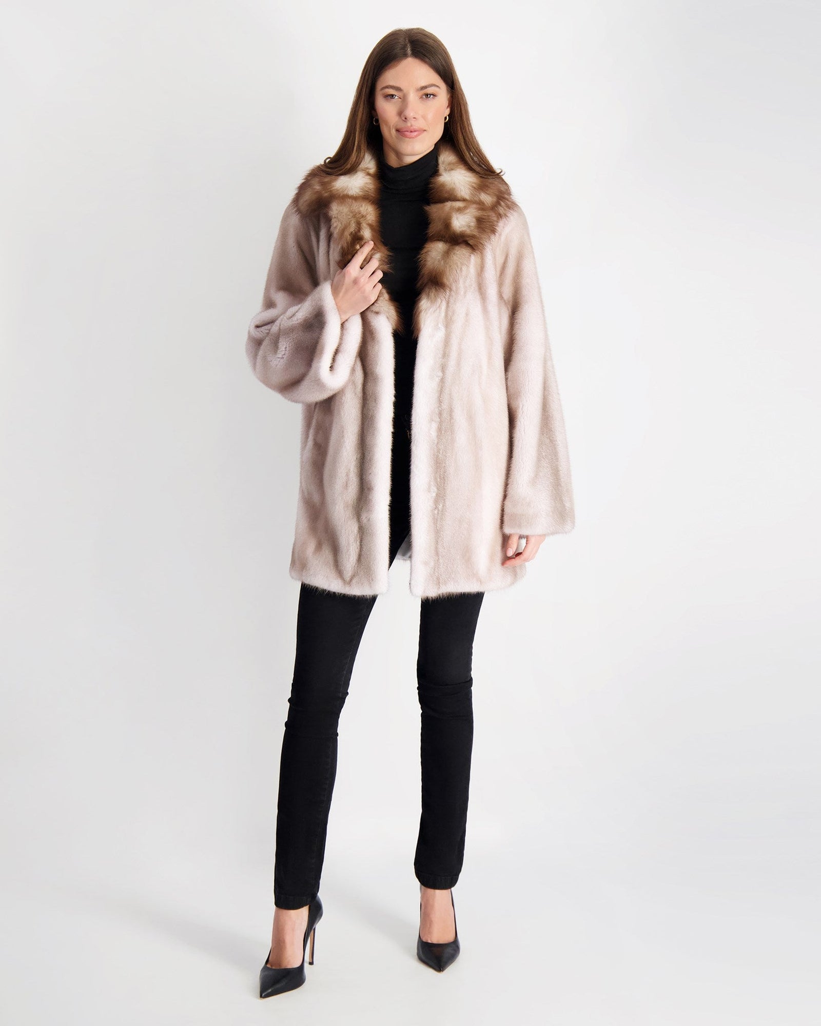 Mink Jacket With Stone Marten Collar | Women | Silver Blue x White (V1)