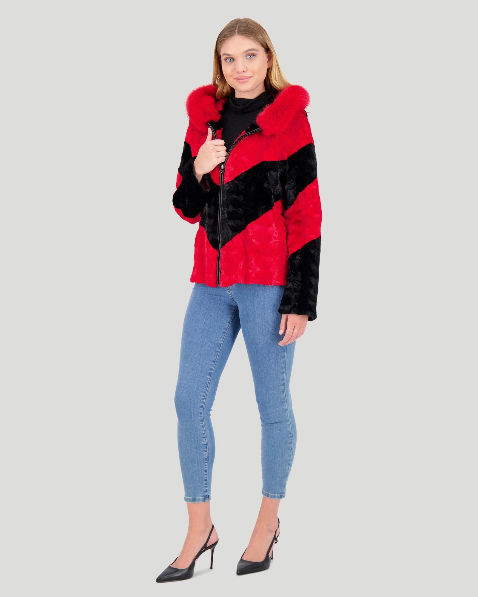 Mink Sections Jacket With Hood | Women | Red x Black