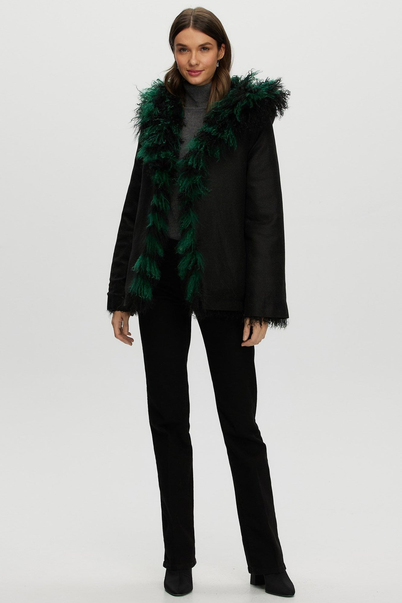 Mongolian (Tg) Shearling Lamb Jacket Reversible To Loro Piana Cashmere & Wool | Women | Green x Black