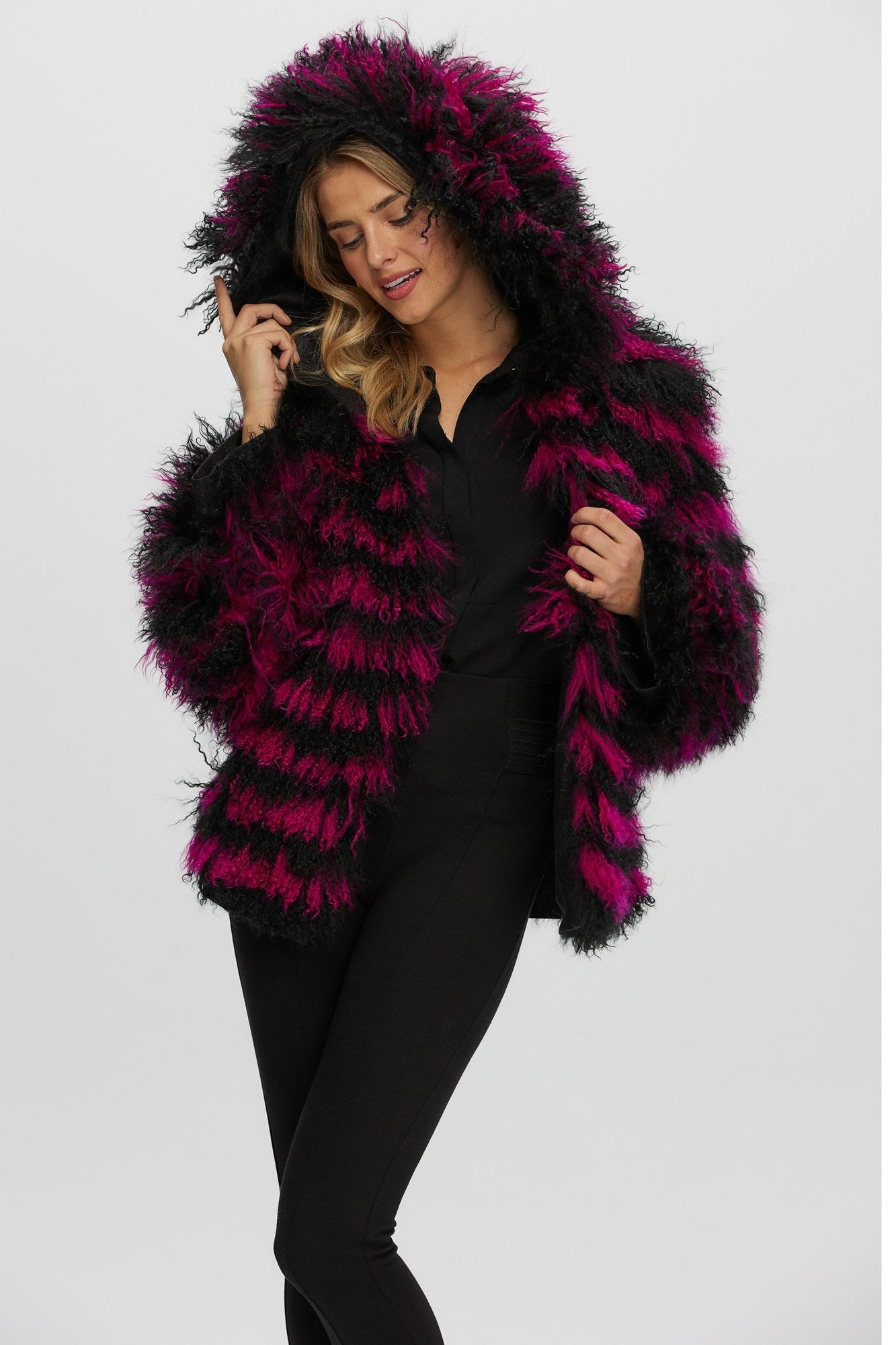 Mongolian (Tg) Shearling Lamb Jacket Reversible To Loro Piana Cashmere & Wool | Women | Fuschia x Black