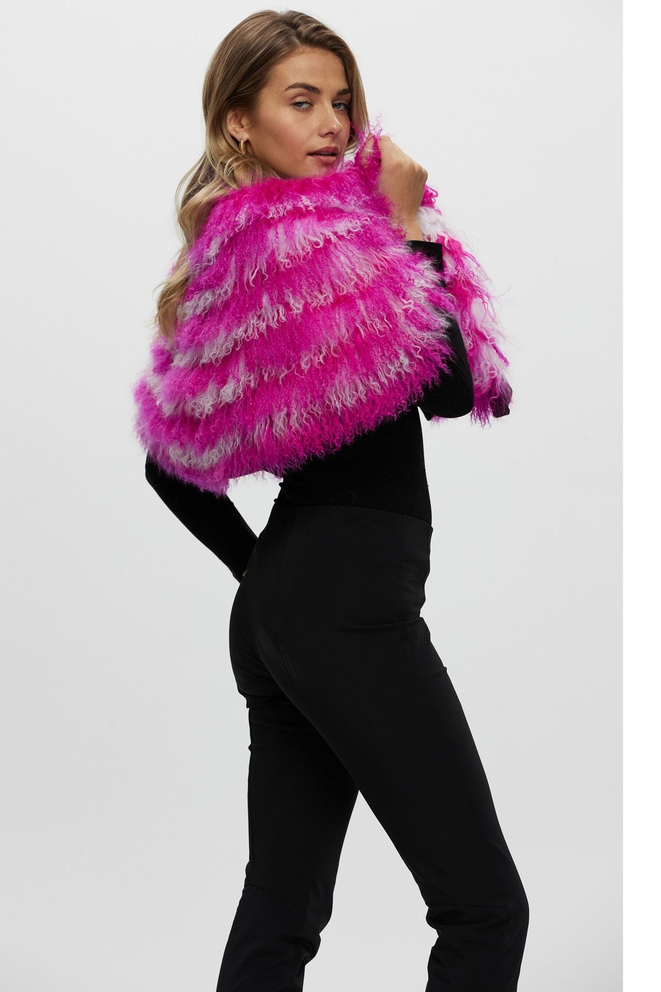 Mongolian (Tg) Shearling Lamb Stole Reversible To Loro Piana Cashmere & Wool | Women | Fuschia x White x Black