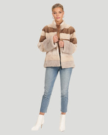 Color Block Mink Zip Jacket | Women | Beige x Pastel x Pearl x Sapphire