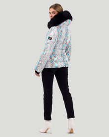 Printed Après-Ski Jacket With Detachable Toscana Shearling Lamb Hood Trim | Women | Blue Snk x Black