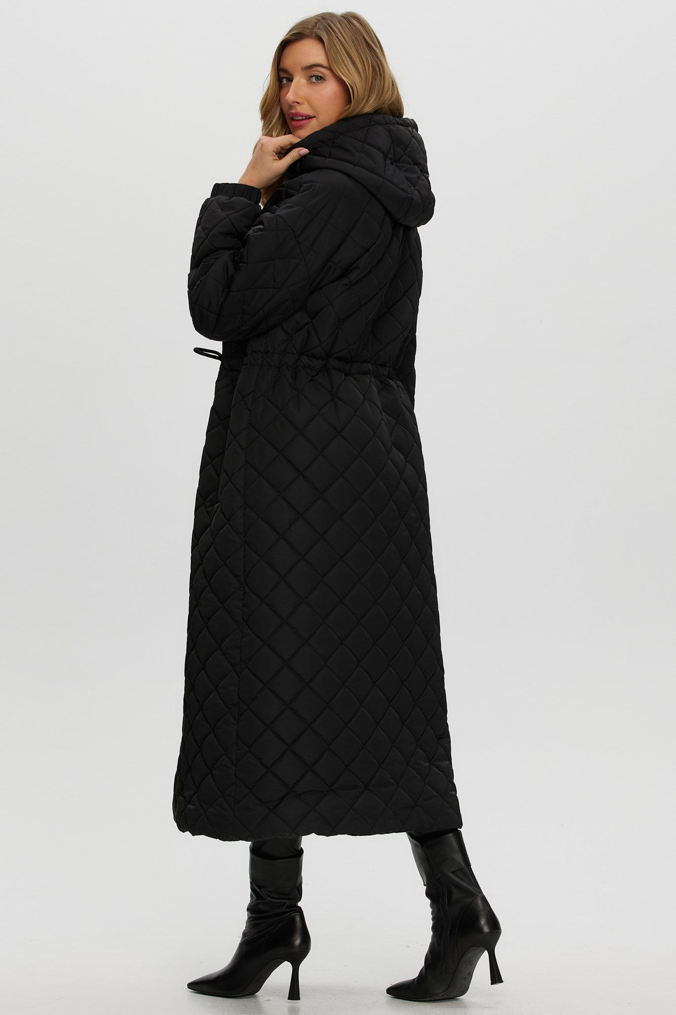 Quilted Fabric Zip Coat With Hood | Women | Black