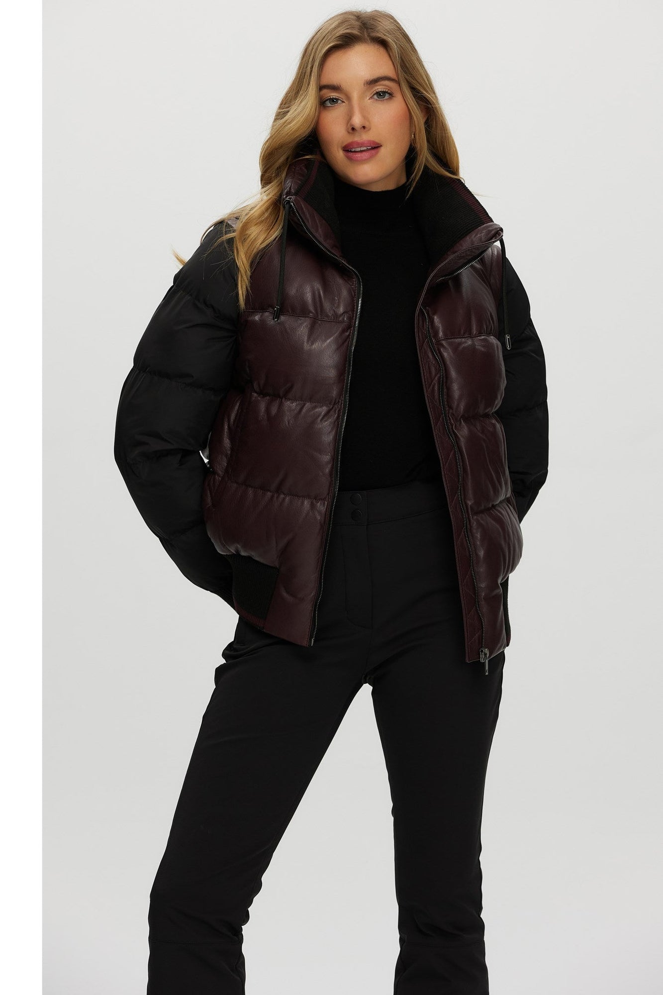 Quilted Leather Jacket With Detachable Fabric Sleeves | Women | Burgundy