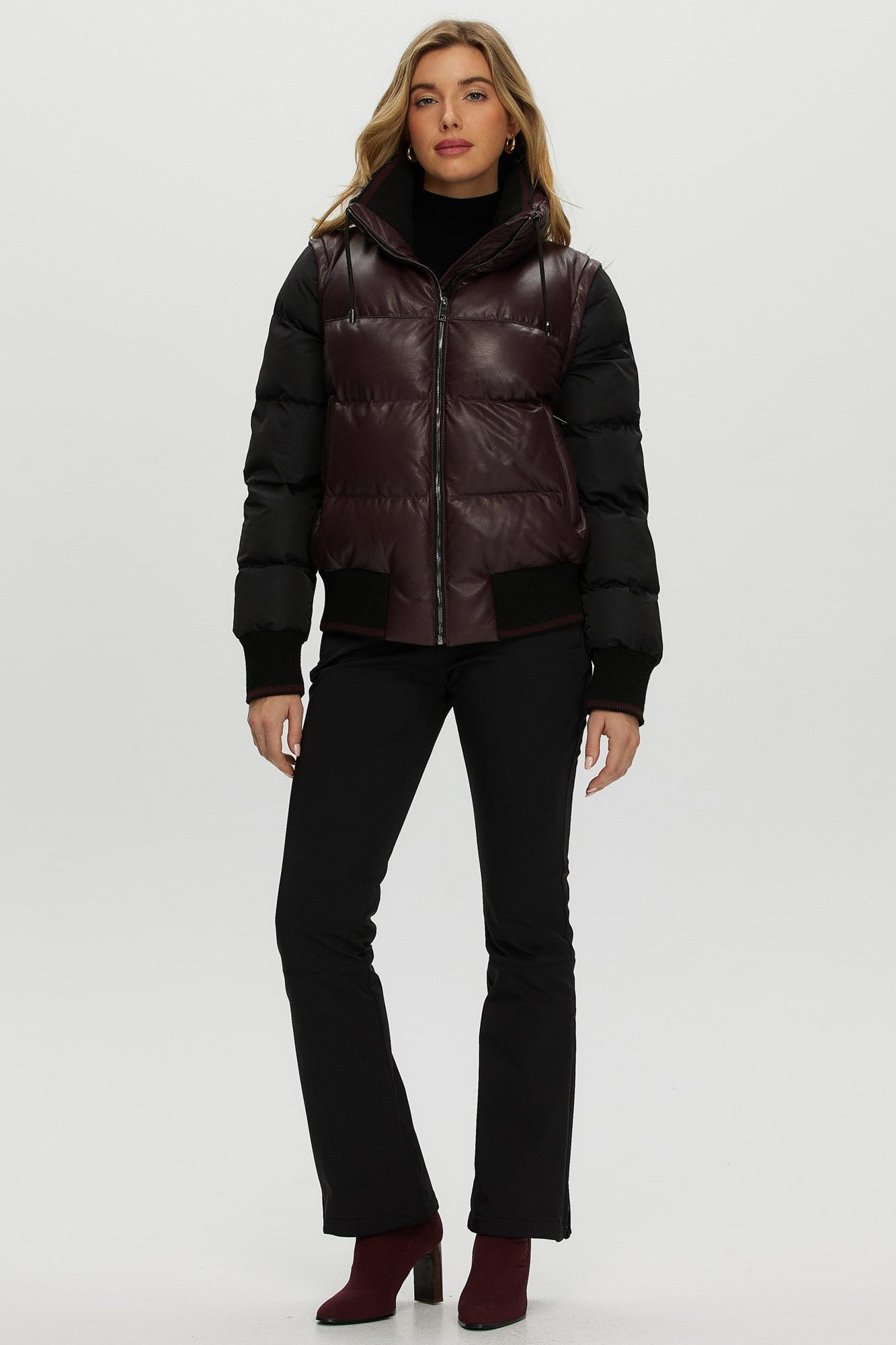 Quilted Leather Jacket With Detachable Fabric Sleeves | Women | Burgundy