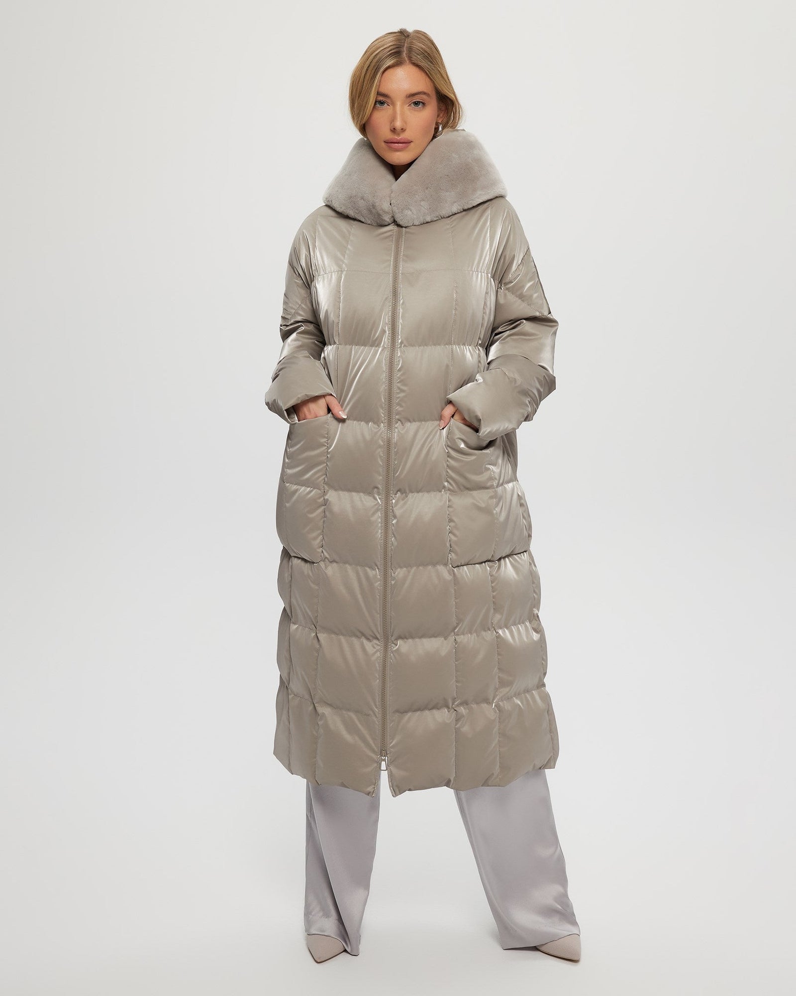 Quilted Parka With Shearling Lamb Hood Trim | Women | Greige