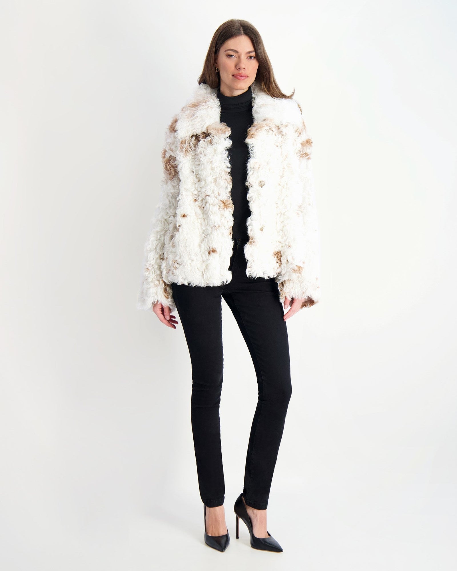 Reversible Long Hair Select Shearling Lamb Jacket | Women | White x Brown Spotted