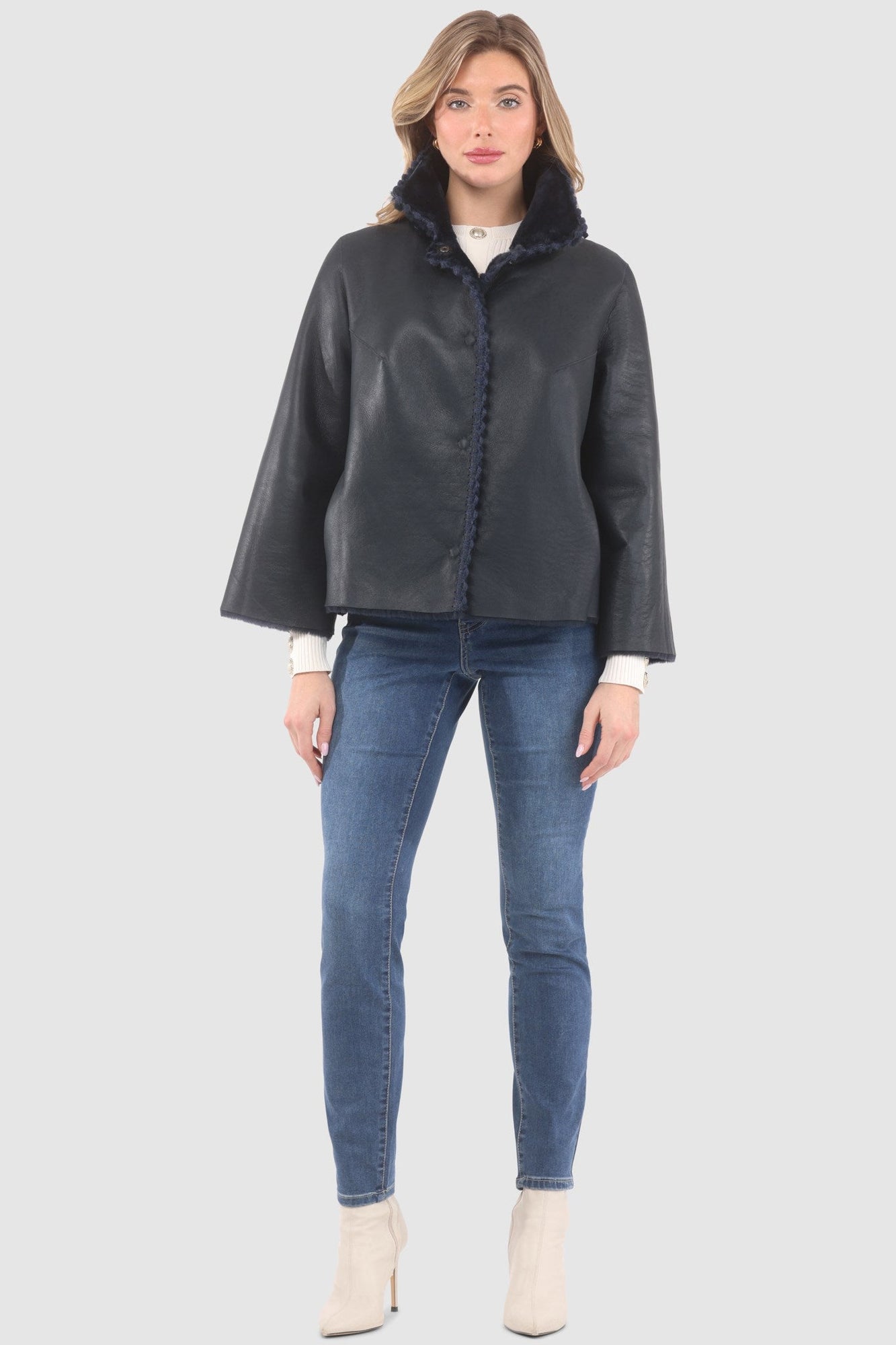 Reversible Select Shearling Jacket With Embroiderd Trim | Women | Navy x Navy