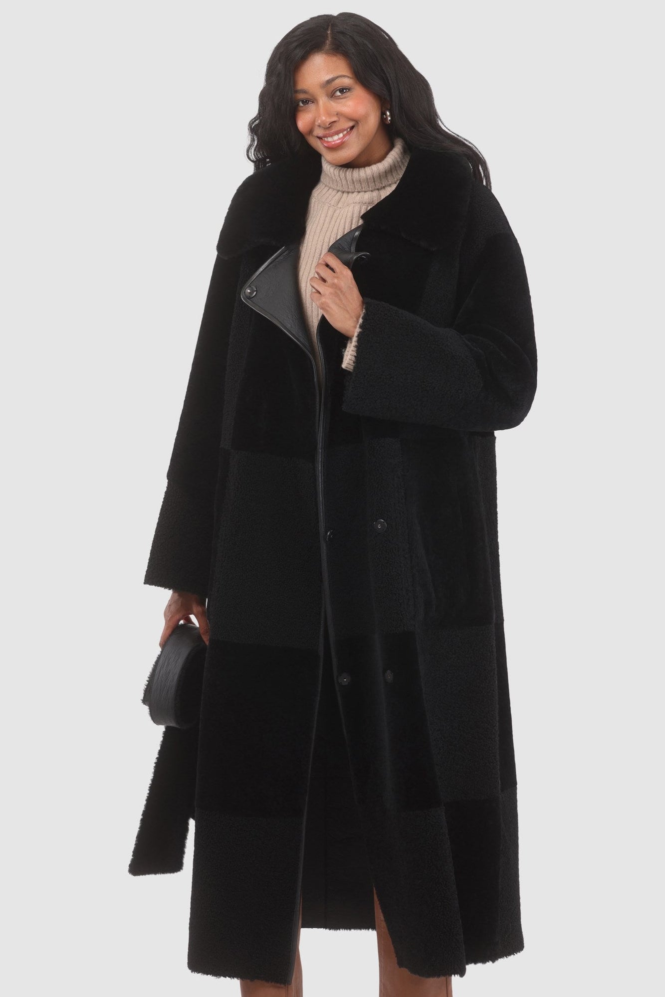 Reversible Select Shearling Lamb Coat With Notch Collar, Belt | Women | Black