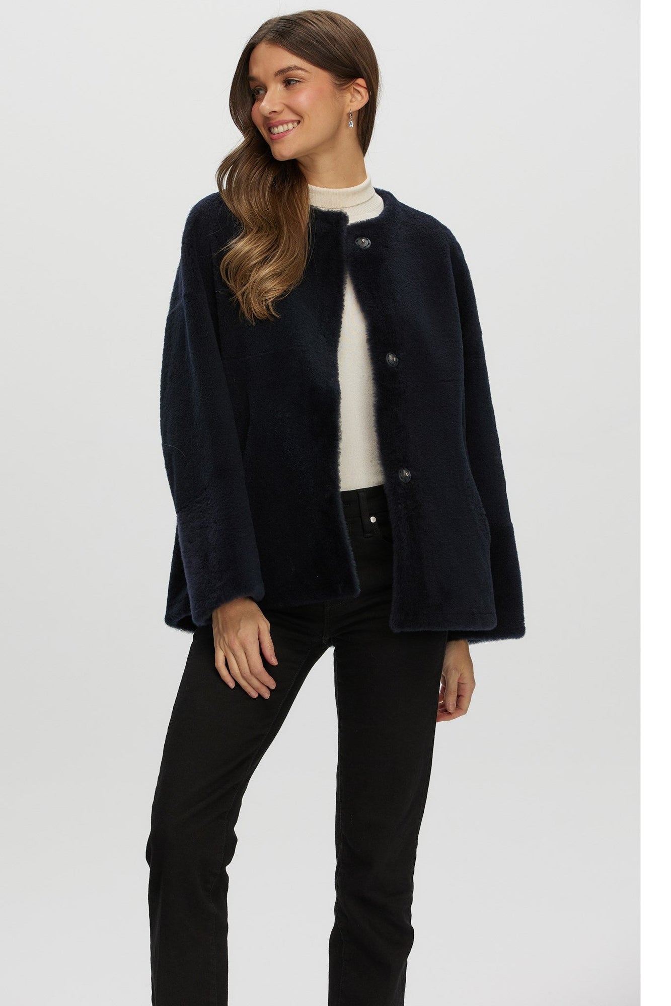 Reversible Shearling Lamb Collarless Jacket | Women | Navy