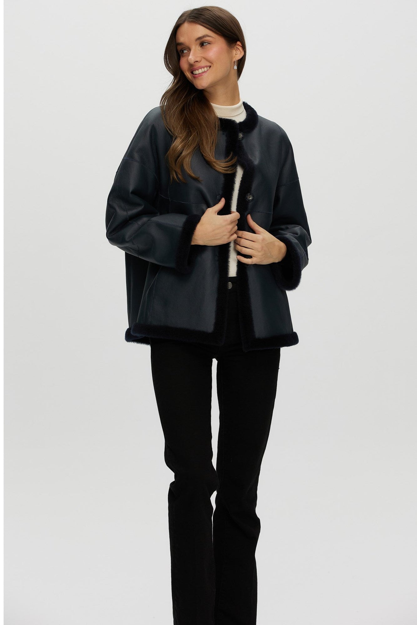 Reversible Shearling Lamb Collarless Jacket | Women | Navy