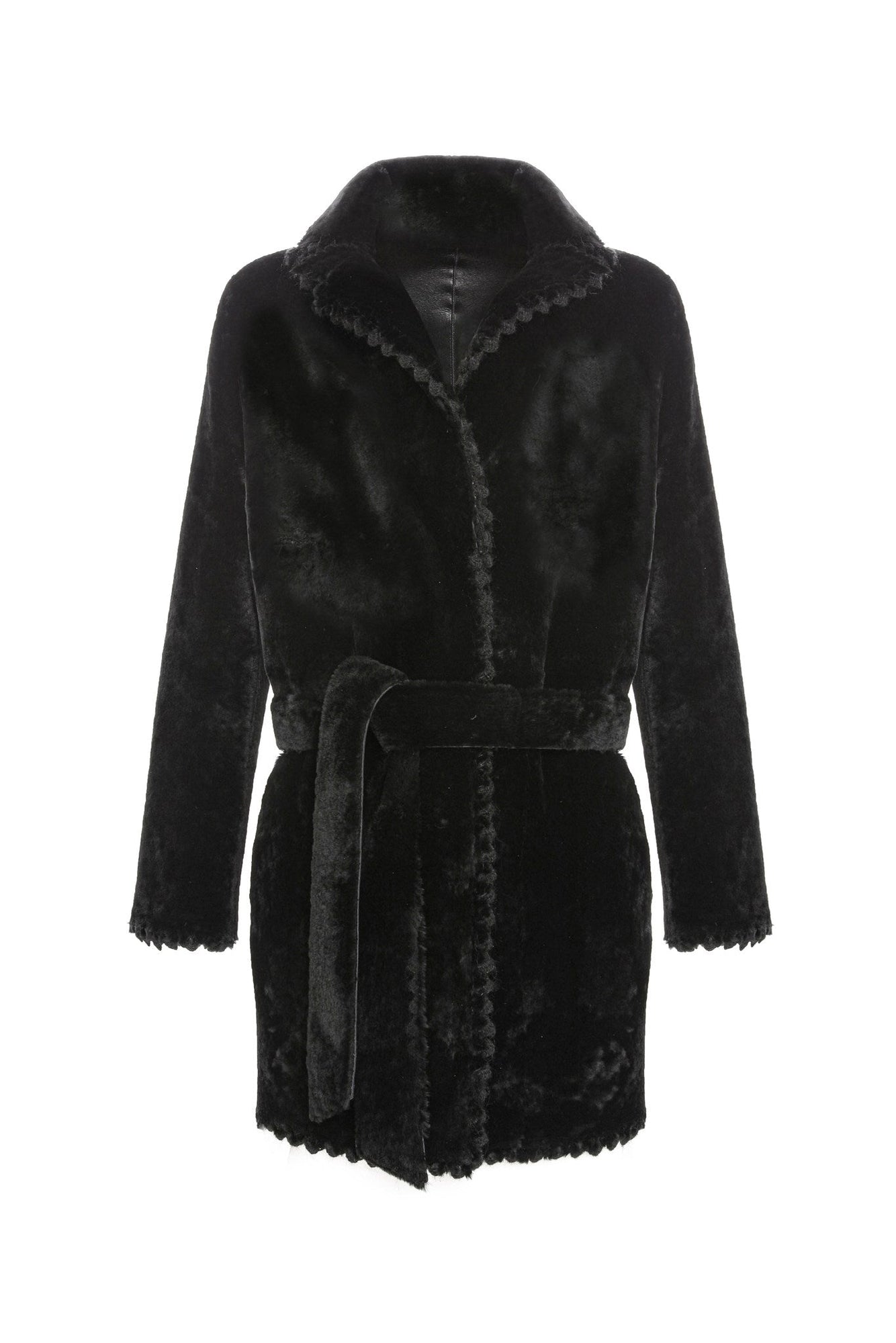 Reversible Shearling Lamb Jacket With Embroiderd Trim, Belt | Women | Black x Black