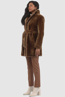 Reversible Shearling Lamb Jacket With Embroiderd Trim, Belt | Women | Camel x Camel