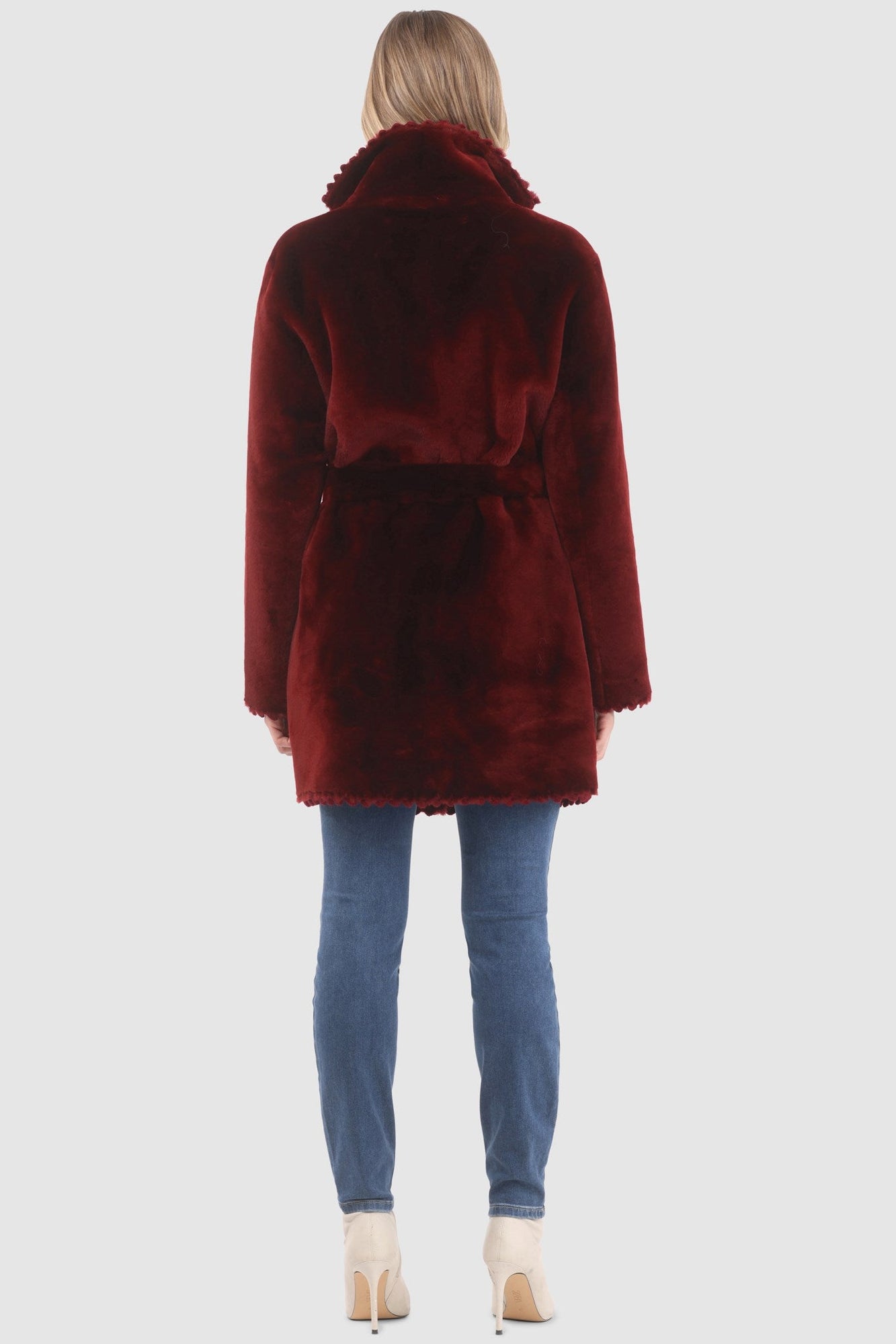 Reversible Shearling Lamb Jacket With Embroiderd Trim, Belt | Women | Wine x Wine