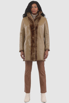 Reversible Shearling Lamb Jacket With Embroiderd Trim, Belt | Women | Camel x Camel