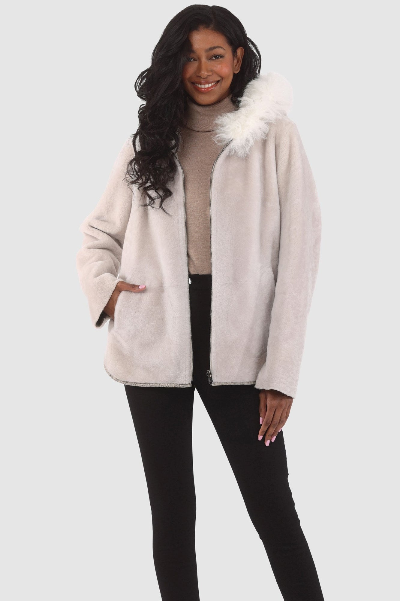 Reversible Shearling Lamb Zip Parka | Women | Beige x White