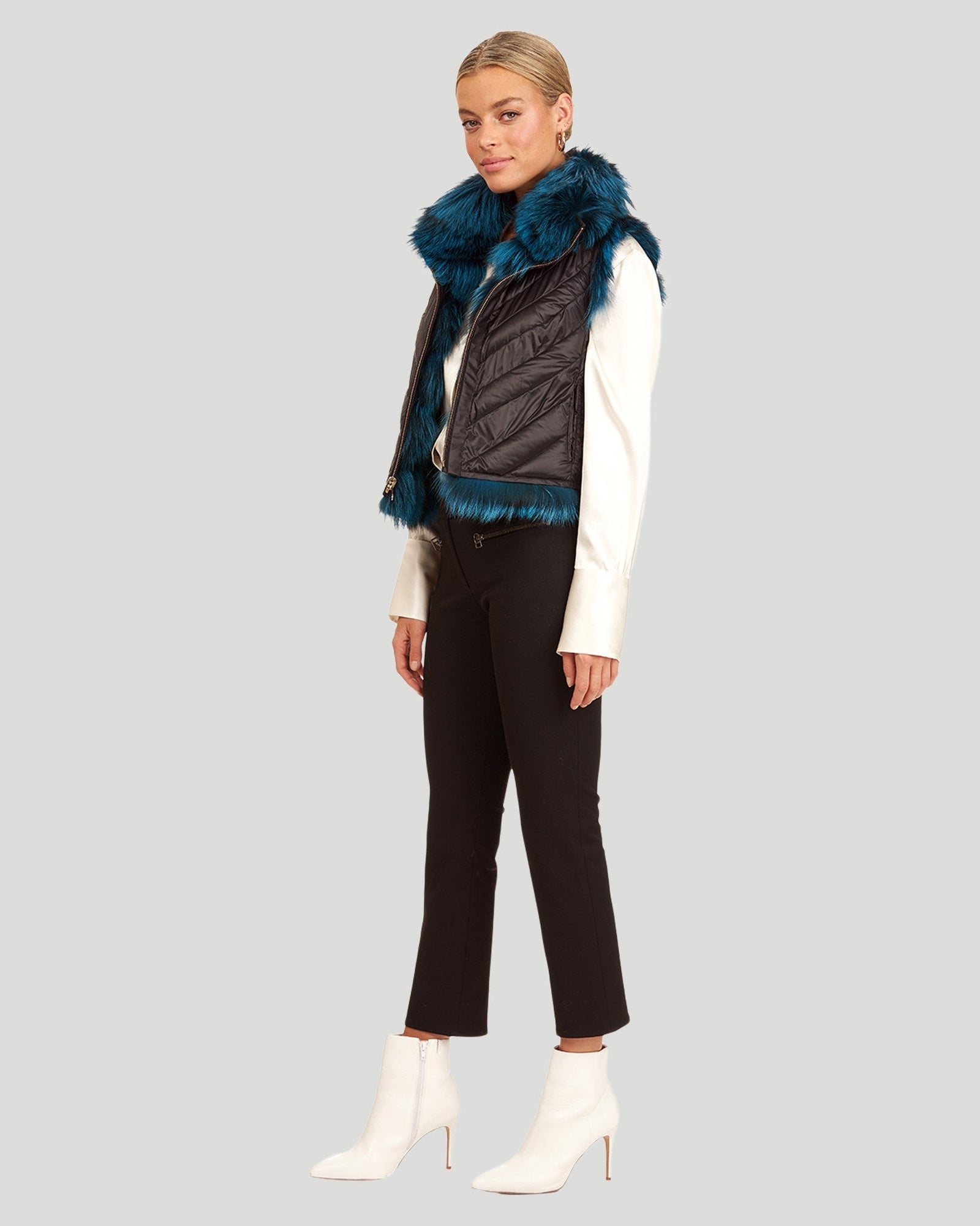 Reversible Silver Fo Fur And Down Vest | Women | Blue x Black