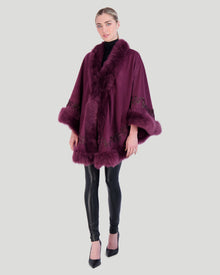 Select Cashmere & Wool Cape With Toscana Shearling Lamb Trim And Ribbon Embroidery | Women | Burgundy