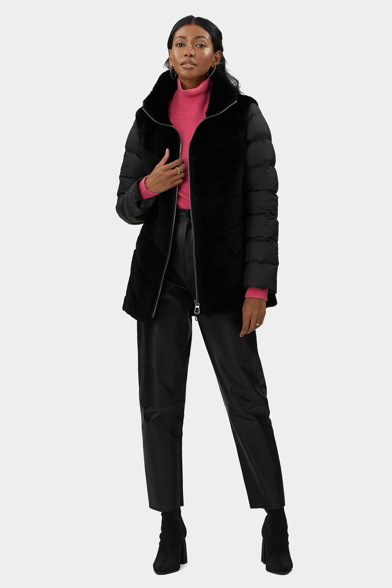 Select Shearling Lamb Chevron Jacket With Detachable Horizontal Quilted Sleeves | Women | Black