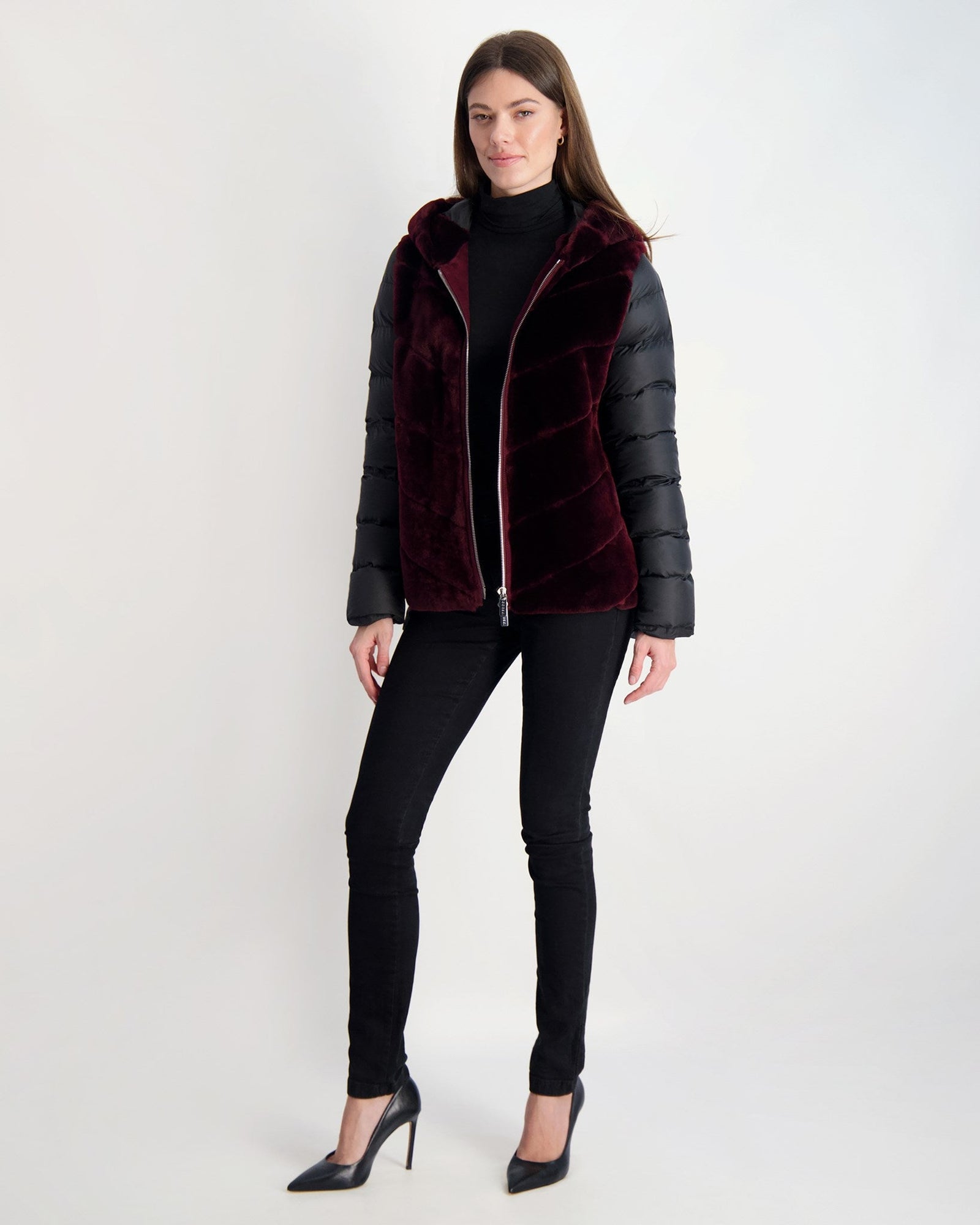 Select Shearling Lamb Chevron Parka With Quilted Sleeves And Back | Women | Burgundy x Black