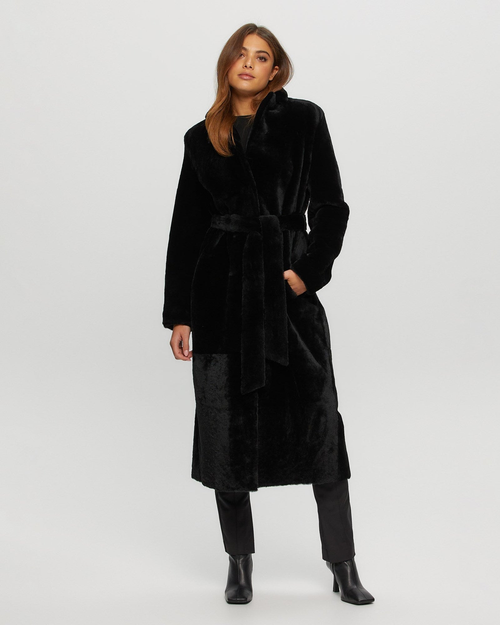 Select Shearling Lamb Coat, Belt | Women | Black