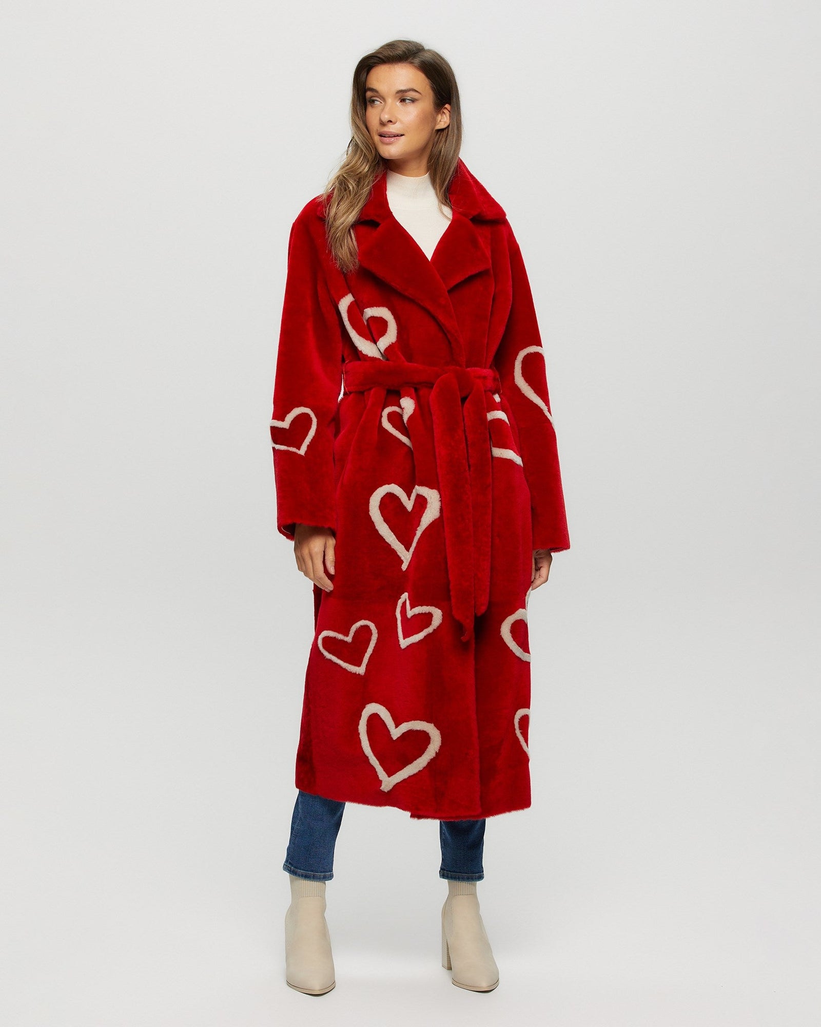 Select Shearling Lamb Coat With Heart Intarsia | Women | Red x Beige