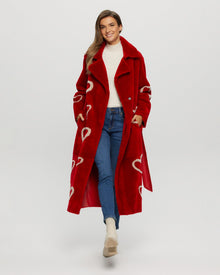 Select Shearling Lamb Coat With Heart Intarsia | Women | Red x Beige