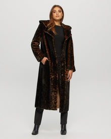 Select Shearling Lamb Coat With Hood | Women | Dark Brown Leopard Print