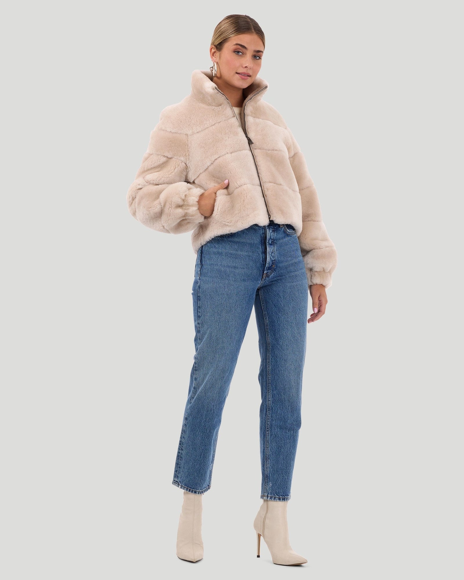 Select Shearling Lamb Horizontal Zip Jacket | Women | Beige