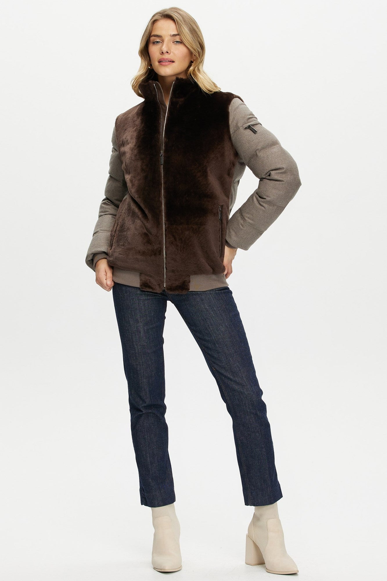 Select Shearling Lamb Jacket With Loro Piana Cashmere & Wool Down Sleeves And Back | Women | Brown x Taupe