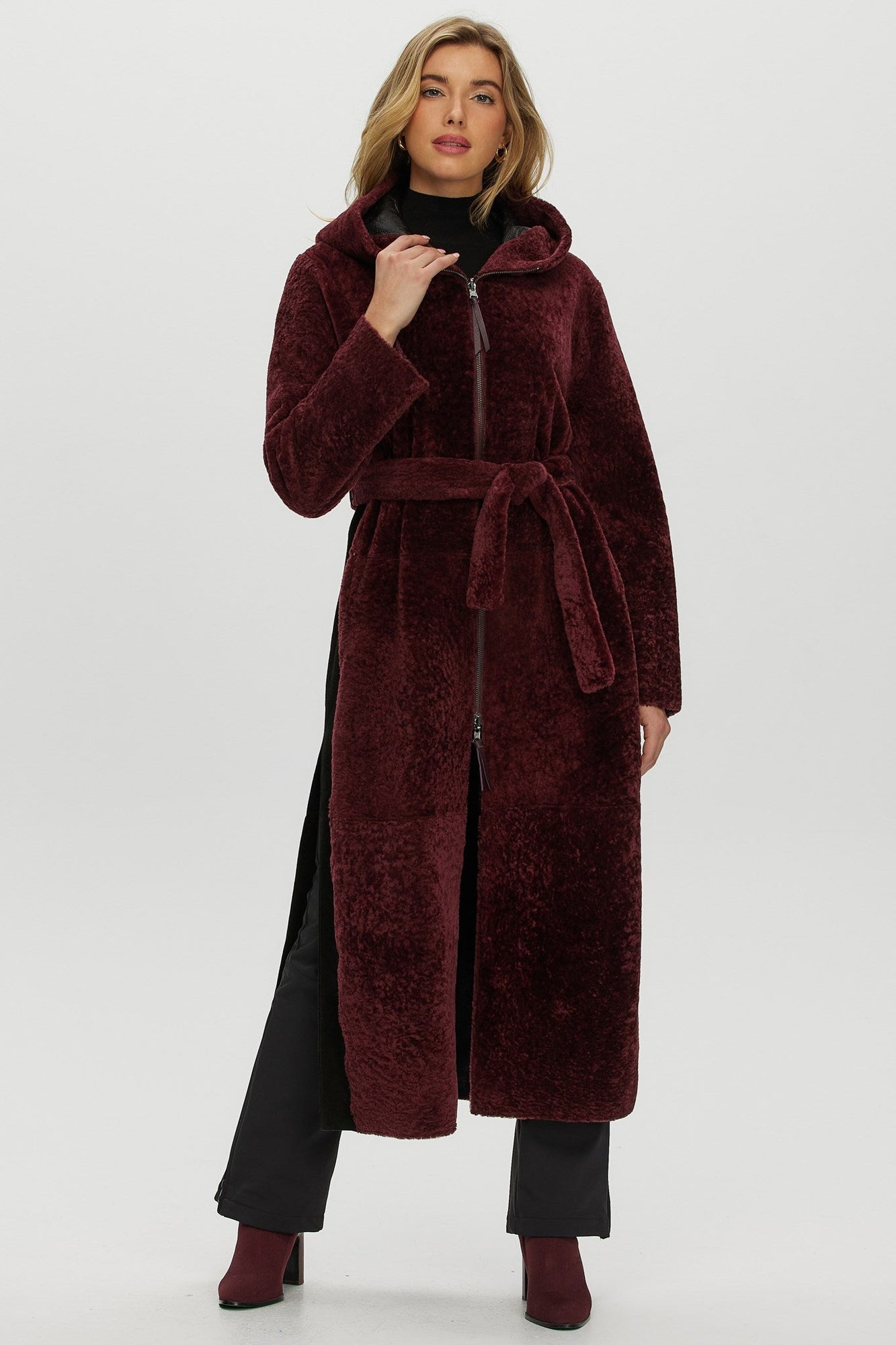 Select Shearling Lamb Zip Parka With Belt | Women | Burgundy x Black