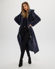 Select Shearling Lamb Zip Parka With Belt | Women | Dark Blue x Dark Blue