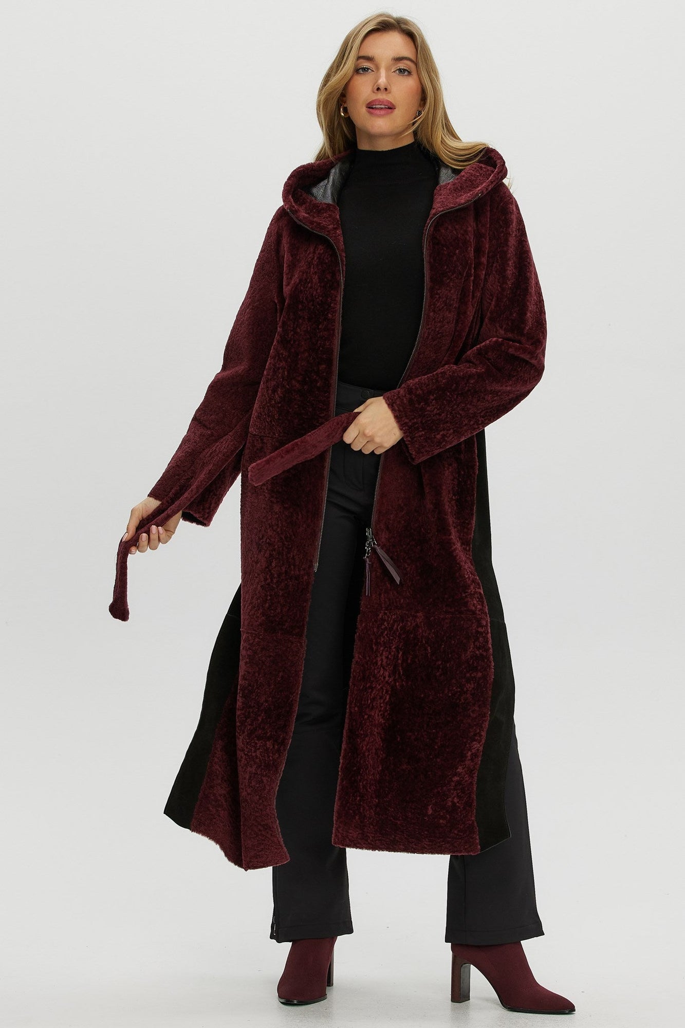 Select Shearling Lamb Zip Parka With Belt | Women | Burgundy x Black