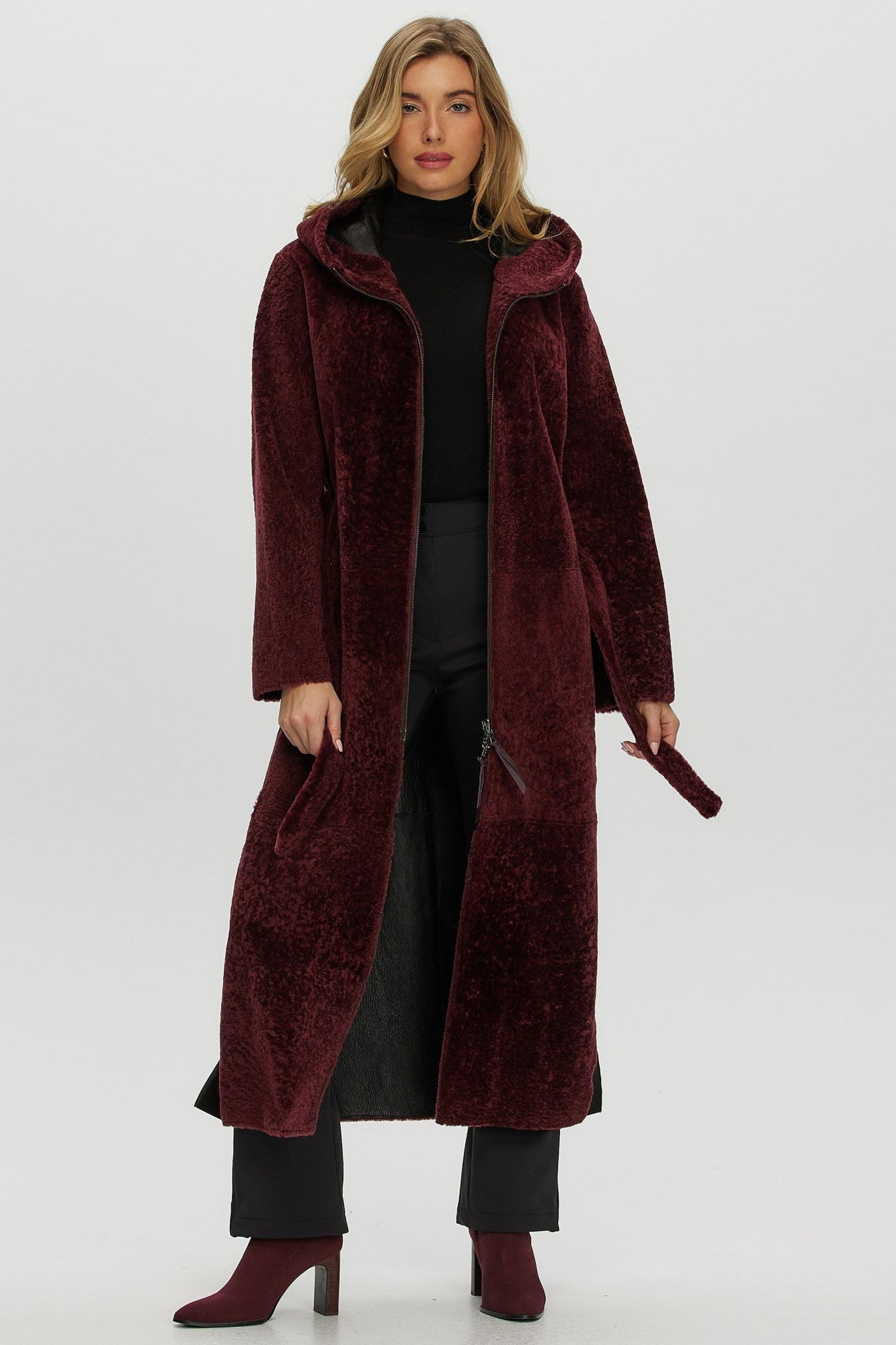 Select Shearling Lamb Zip Parka With Belt | Women | Burgundy x Black