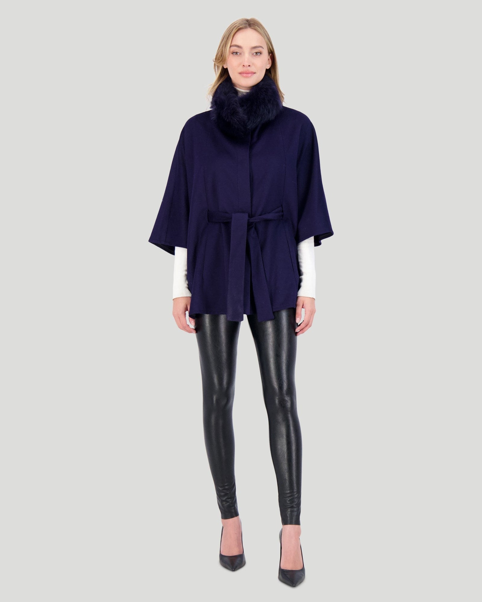 Select Wool Belted Cape With Toscana Shearling Lamb Collar | Women | Navy