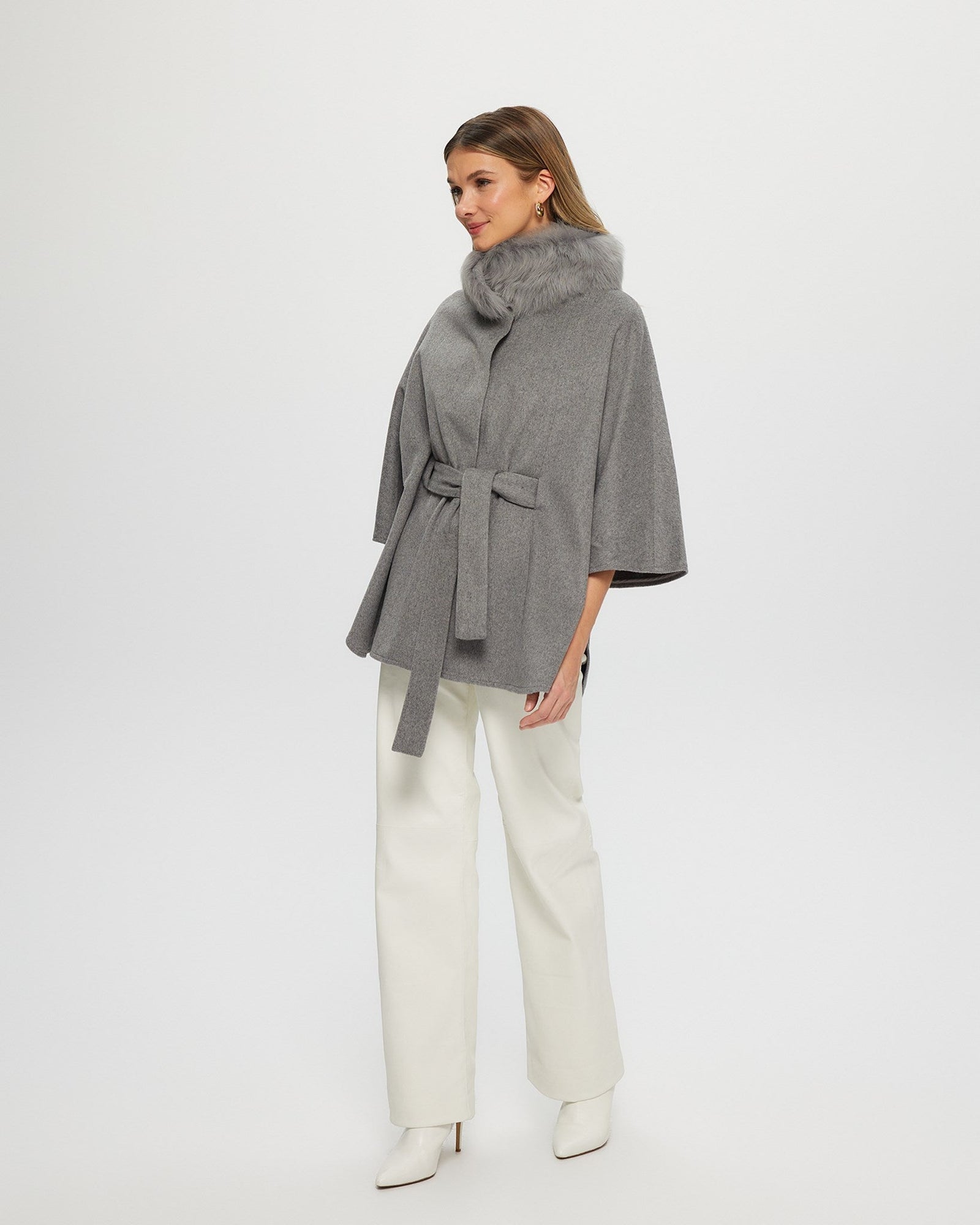 Select Wool Belted Cape With Toscana Shearling Lamb Collar | Women | Light Gray