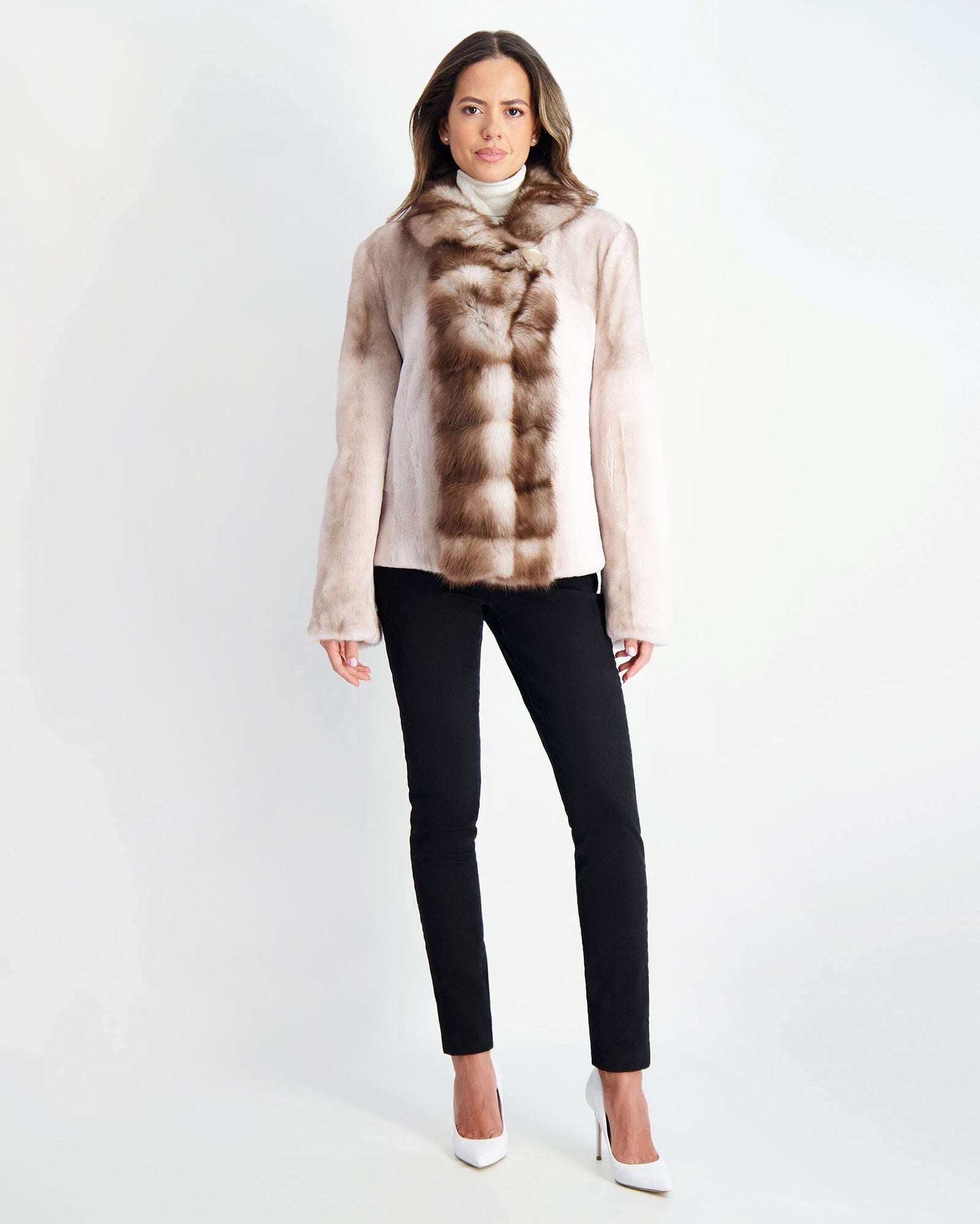 Semi Sheared Mink Jacket With Stone Marten Collar & Trim | Women | Silver Blue x White