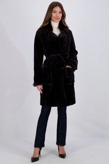 Sheared Mink Short Coat With Sable Collar, Belt | Women | Dark Gray