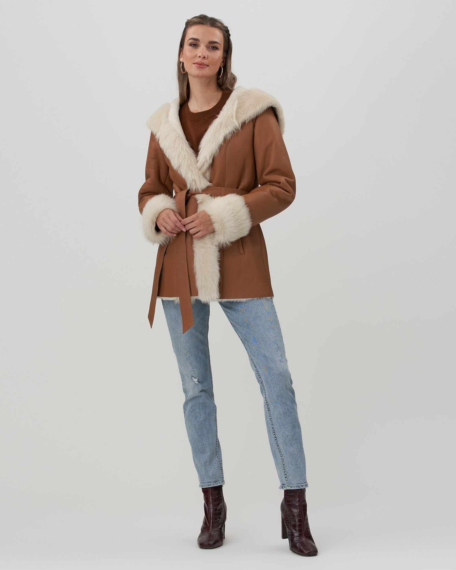 Shearling Lamb Hooded Jacket With Toscana Trim And Cuffs, Belt | Women | Camel x White